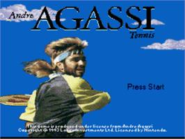 Title screen of Andre Agassi Tennis on the Nintendo SNES.
