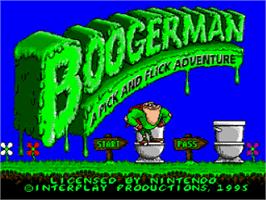 Title screen of Boogerman: A Pick and Flick Adventure on the Nintendo SNES.