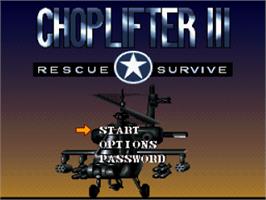 Title screen of Choplifter III: Rescue Survive on the Nintendo SNES.