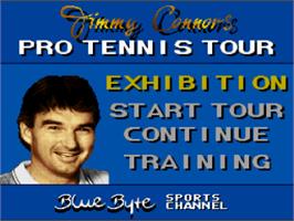 Title screen of Jimmy Connors Pro Tennis Tour on the Nintendo SNES.