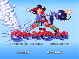 Title screen of Kid Klown in Crazy Chase on the Nintendo SNES.