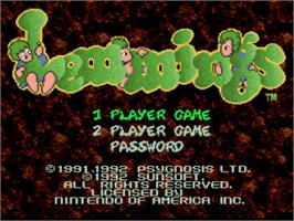 Title screen of Lemmings on the Nintendo SNES.