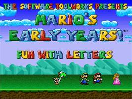 Title screen of Mario's Early Years: Fun With Letters on the Nintendo SNES.