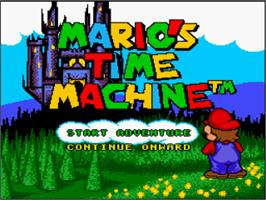 Title screen of Mario's Time Machine on the Nintendo SNES.