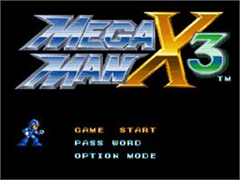 Title screen of Mega Man X3 on the Nintendo SNES.