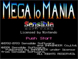 Title screen of Mega lo Mania on the Nintendo SNES.