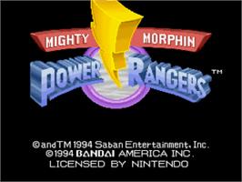 Title screen of Mighty Morphin Power Rangers: The Fighting Edition on the Nintendo SNES.