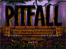 Title screen of Pitfall: The Mayan Adventure on the Nintendo SNES.