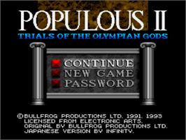 Title screen of Populous II: Trials of the Olympian Gods on the Nintendo SNES.