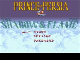 Title screen of Prince of Persia 2: The Shadow & The Flame on the Nintendo SNES.