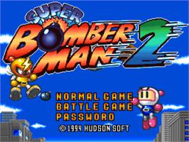 Title screen of Super Bomberman 2 on the Nintendo SNES.