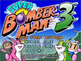 Title screen of Super Bomberman 3 on the Nintendo SNES.