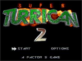 Title screen of Super Turrican 2 on the Nintendo SNES.