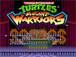 Title screen of Teenage Mutant Ninja Turtles: Tournament Fighters on the Nintendo SNES.