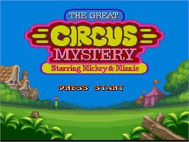 Title screen of The Great Circus Mystery starring Mickey and Minnie Mouse on the Nintendo SNES.