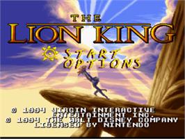 Title screen of The Lion King on the Nintendo SNES.