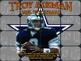 Title screen of Troy Aikman NFL Football on the Nintendo SNES.