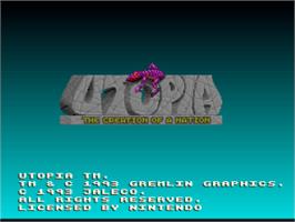 Title screen of Utopia: The Creation of a Nation on the Nintendo SNES.