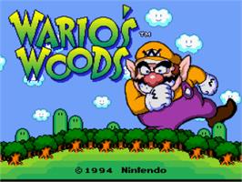 Title screen of Wario's Woods on the Nintendo SNES.