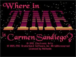 Title screen of Where in Time is Carmen Sandiego? on the Nintendo SNES.
