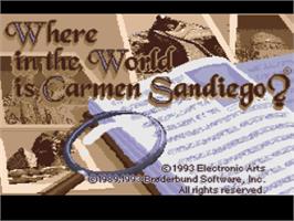 Title screen of Where in the World is Carmen Sandiego? on the Nintendo SNES.