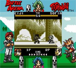 In game image of Battle Arena Toshinden on the Nintendo Super Gameboy.