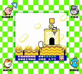 In game image of Kirby's Dream Land 2 on the Nintendo Super Gameboy.