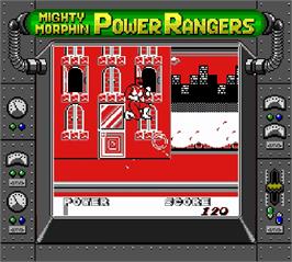 In game image of Mighty Morphin Power Rangers on the Nintendo Super Gameboy.