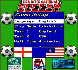 Title screen of FIFA International Soccer on the Nintendo Super Gameboy.
