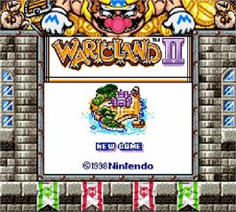 Title screen of Wario Land II on the Nintendo Super Gameboy.