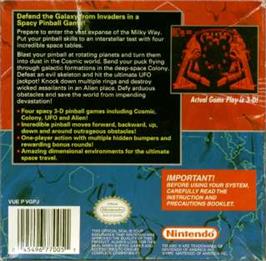 Box back cover for Galactic Pinball on the Nintendo Virtual Boy.