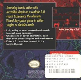 Box back cover for Mario's Tennis on the Nintendo Virtual Boy.