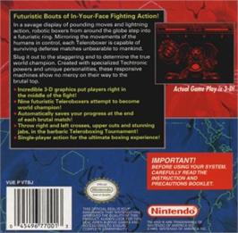 Box back cover for Teleroboxer on the Nintendo Virtual Boy.