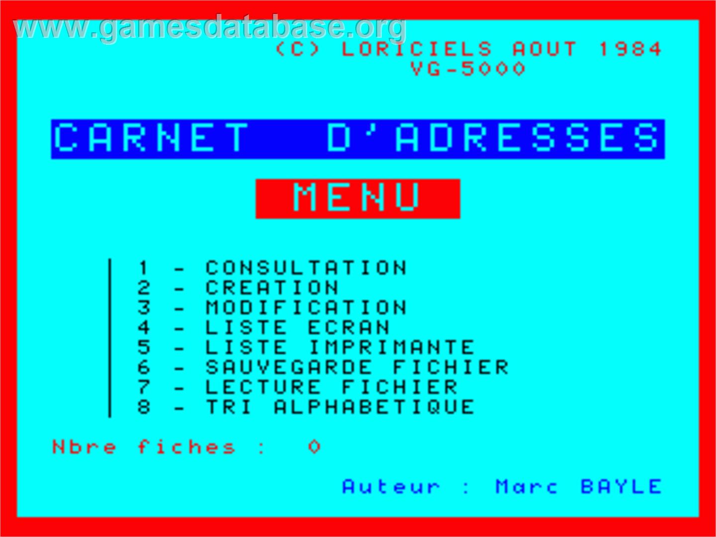 Carnet D'Adresses - Philips VG 5000 - Artwork - Title Screen