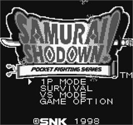 Title screen of Samurai Shodown / Samurai Spirits on the SNK Neo-Geo Pocket.
