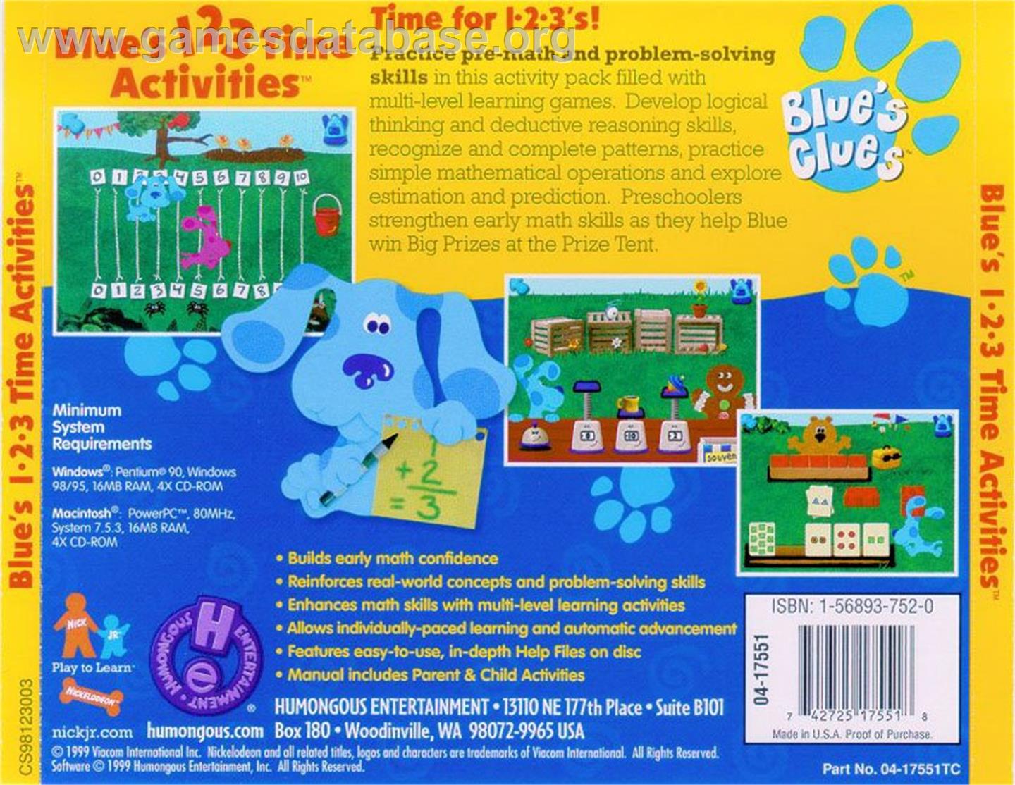 Blue's Clues: Blue's 123 Time Activities - ScummVM - Artwork - Box Back
