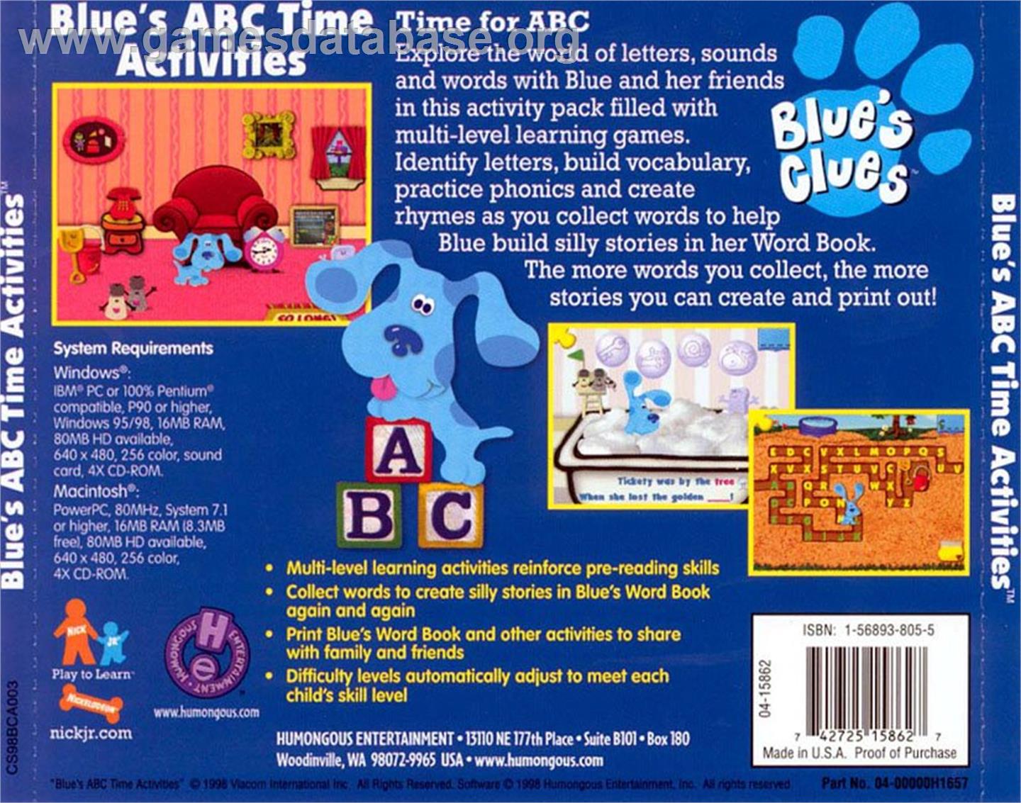 Blue's Clues: Blue's ABC Time Activities - ScummVM - Artwork - Box Back