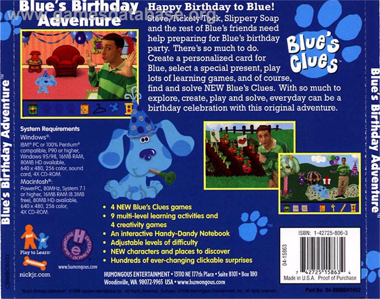 Blue's Clues: Blue's Birthday Adventure - ScummVM - Artwork - Box Back