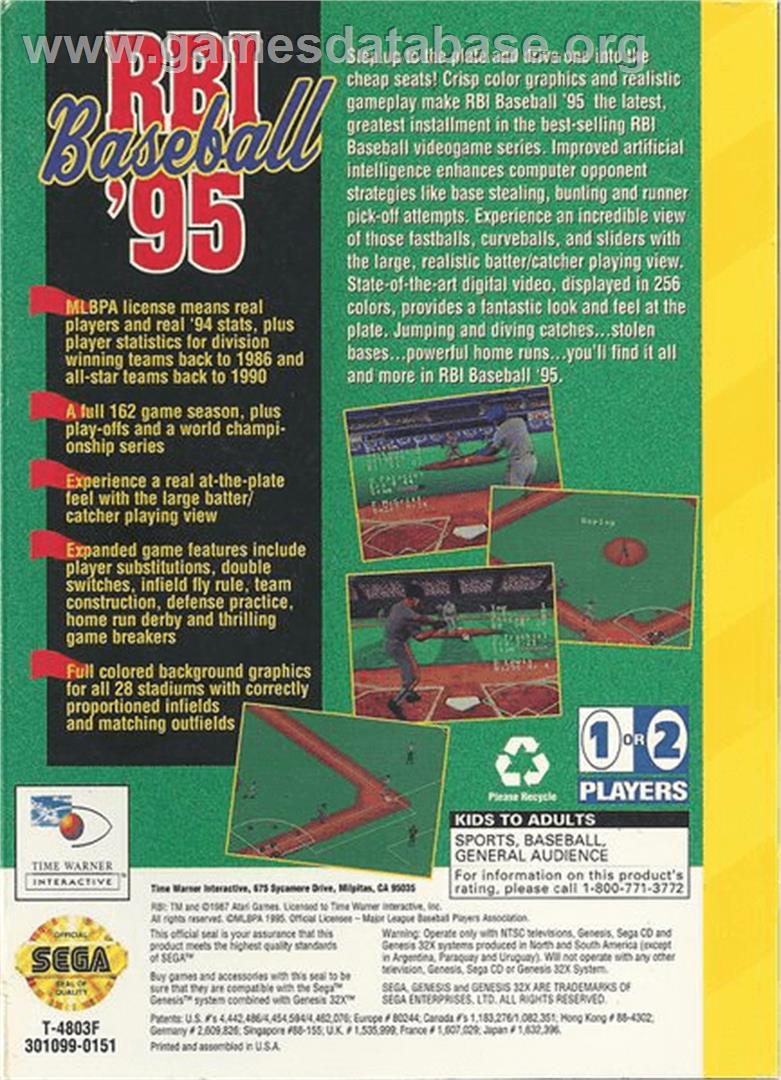 RBI Baseball '95 - Sega 32X - Artwork - Box Back