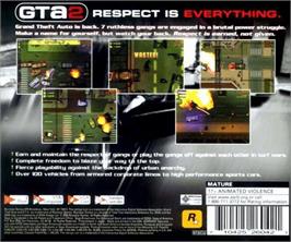 Box back cover for Grand Theft Auto 2 on the Sega Dreamcast.