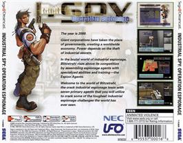 Box back cover for Industrial Spy: Operation Espionage on the Sega Dreamcast.