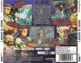 Box back cover for Marvel vs. Capcom 2: New Age of Heroes on the Sega Dreamcast.