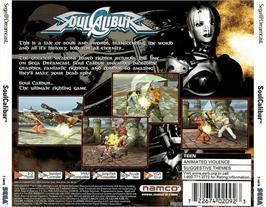 Box back cover for Soul Calibur on the Sega Dreamcast.