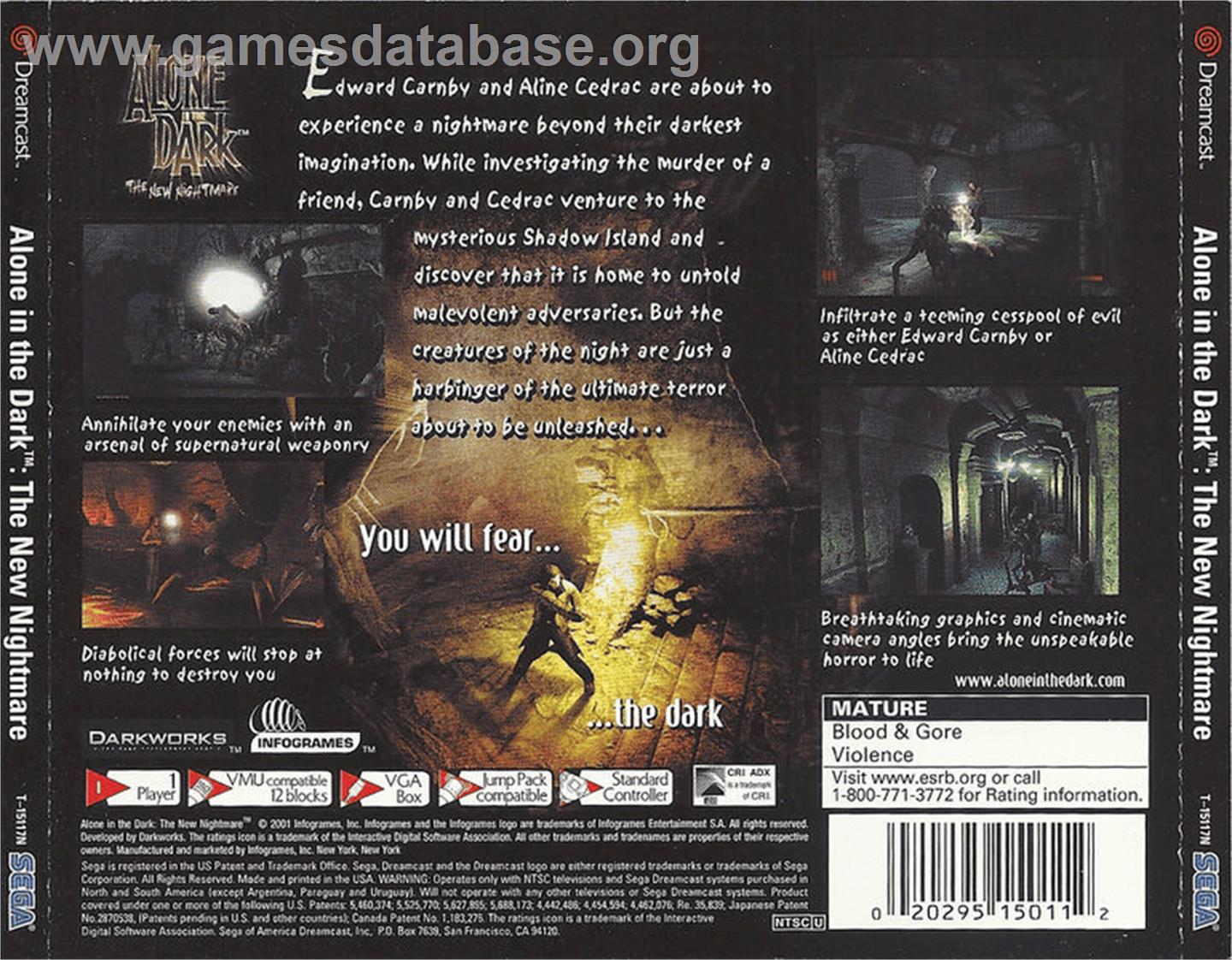 Alone in the Dark: The New Nightmare - Sega Dreamcast - Artwork - Box Back