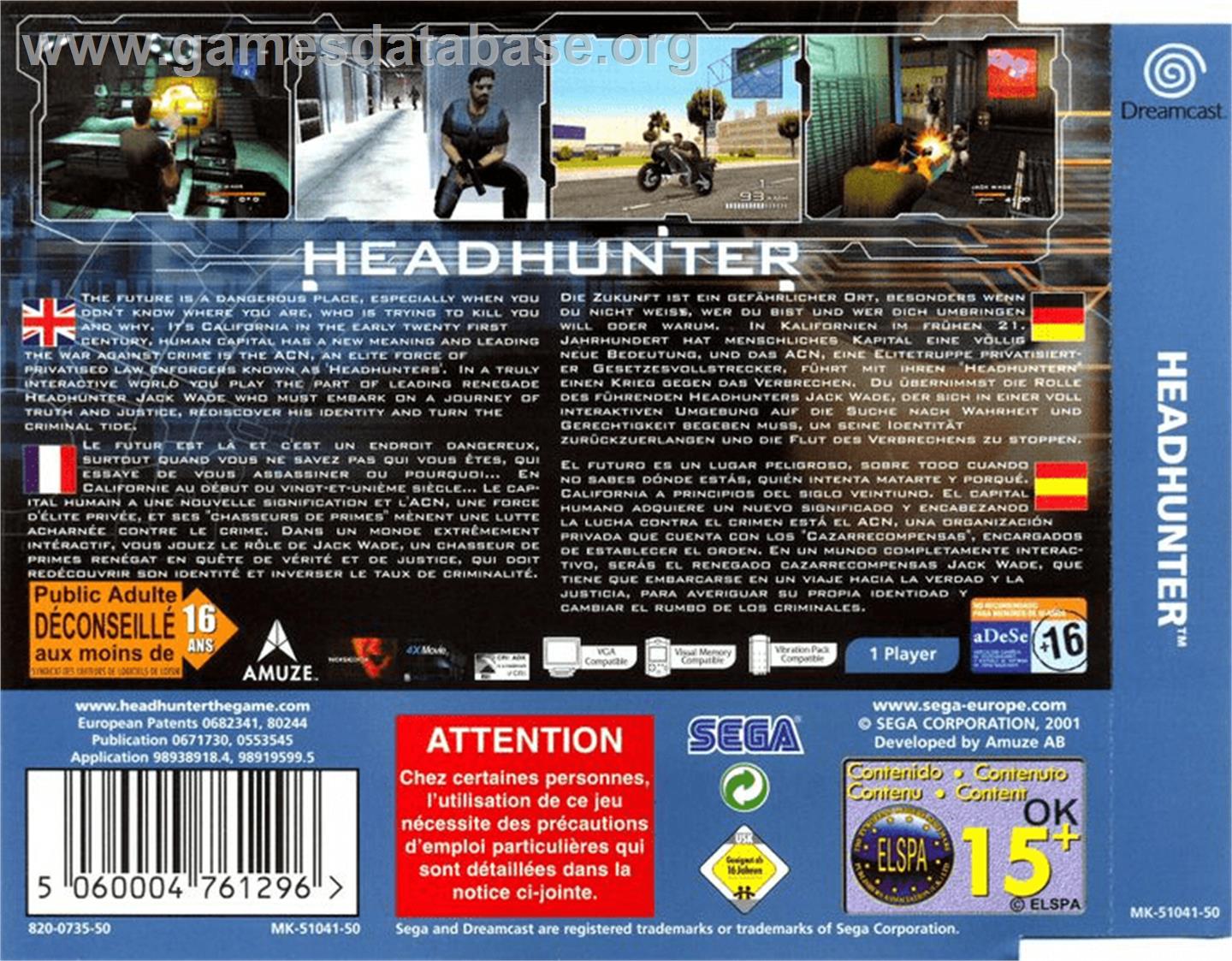 Headhunter - Sega Dreamcast - Artwork - Box Back