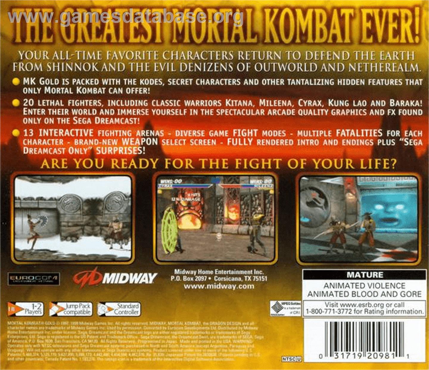 Mortal Kombat Gold - Sega Dreamcast - Artwork - Box Back