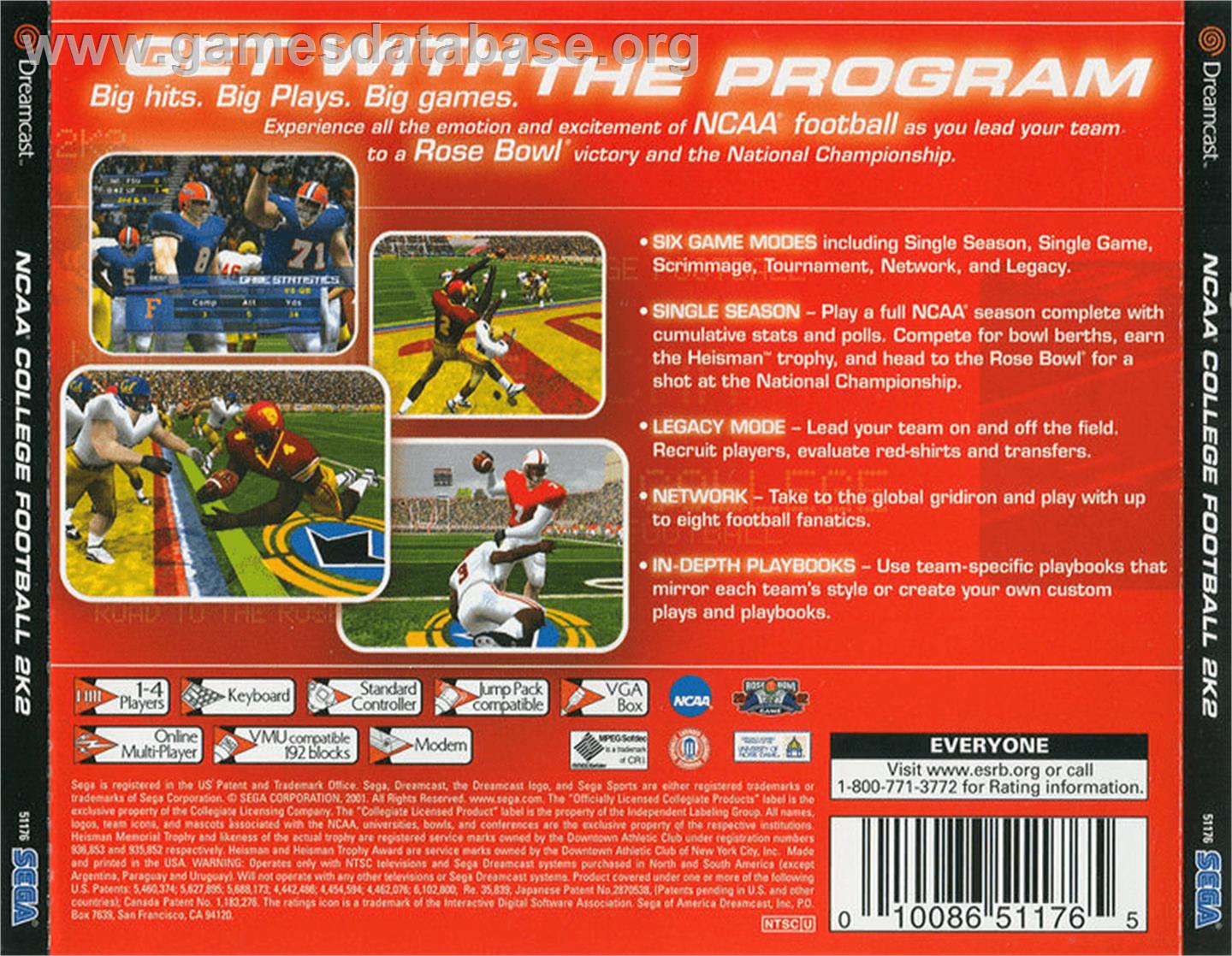 NCAA College Football 2K2: Road to the Rose Bowl - Sega Dreamcast - Artwork - Box Back