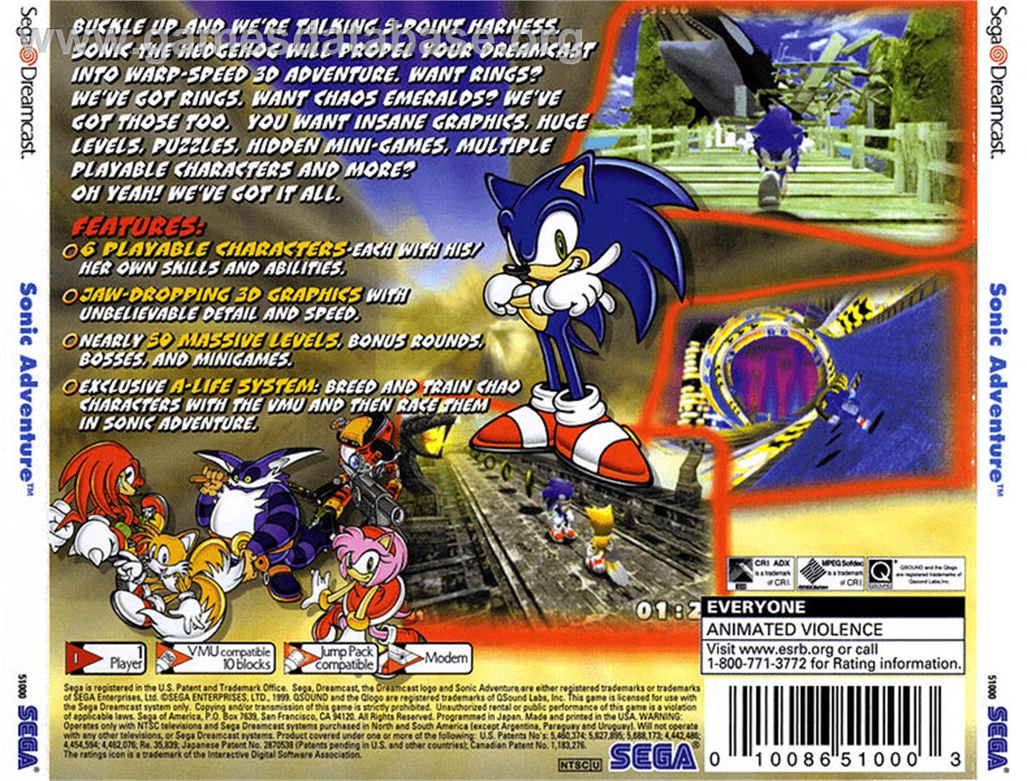 Sonic Adventure - Sega Dreamcast - Artwork - Box Back