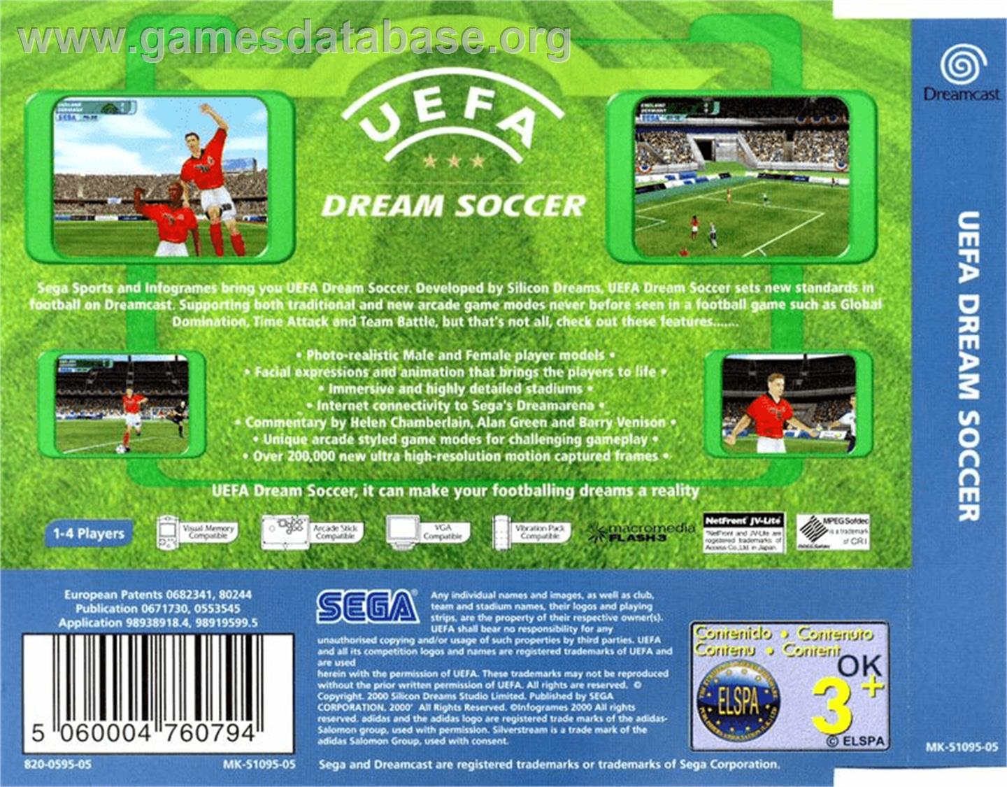 UEFA Dream Soccer - Sega Dreamcast - Artwork - Box Back