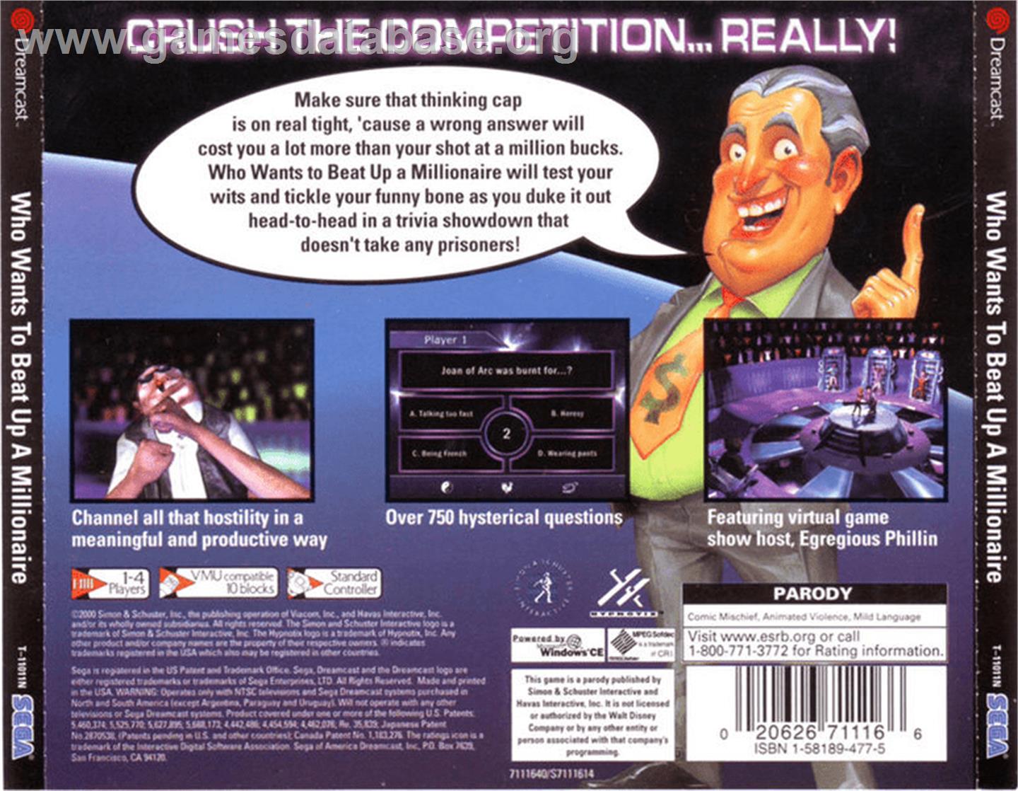 Who Wants To Beat Up A Millionaire? - Sega Dreamcast - Artwork - Box Back
